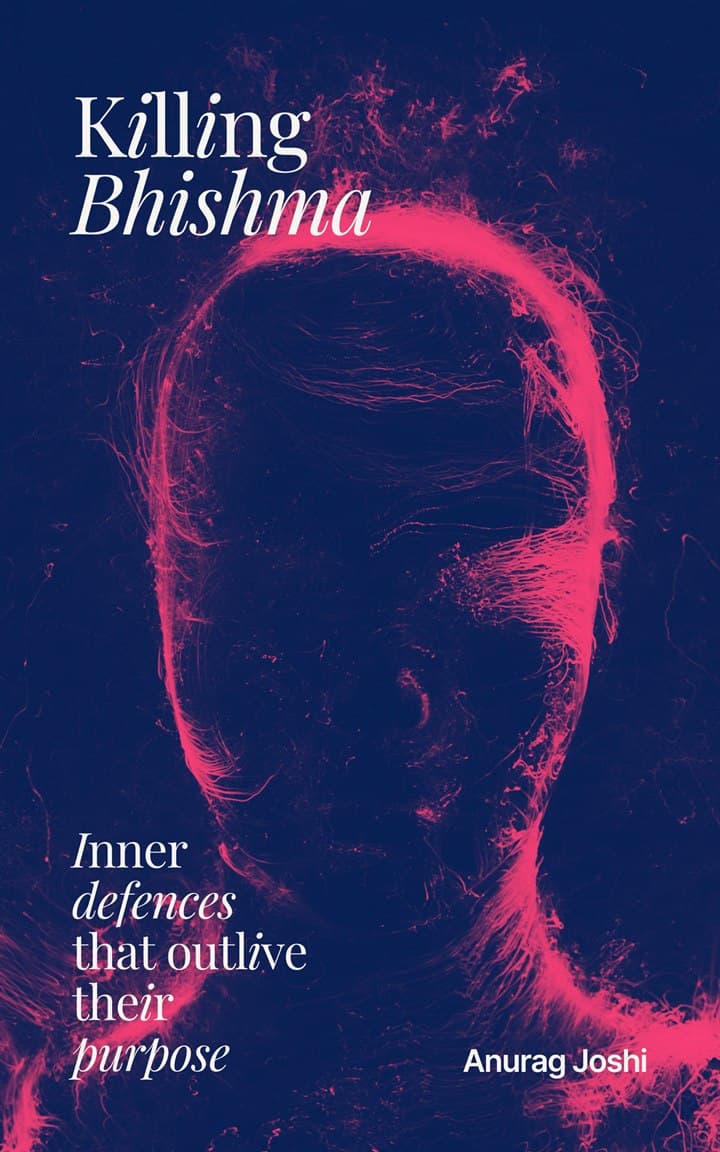 Killing Bhishma — Inner defences that outlive their purpose. The book cover: a head drawn in magenta thread on deep indigo.
